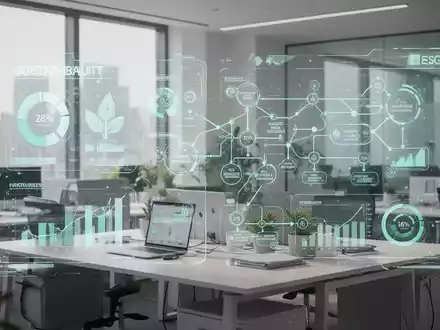 Digitale Visualisierung von ESG-Prozessdaten und Nachhaltigkeitskennzahlen auf einem modernen Büro-Dashboard. - Foto: über boerse-global.de