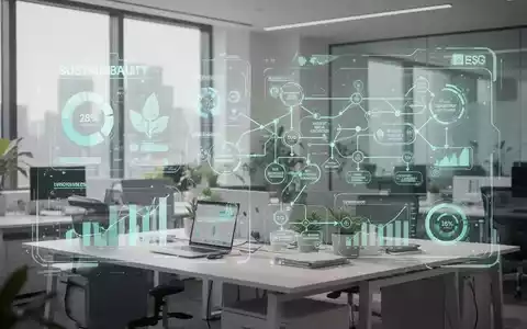 Digitale Visualisierung von ESG-Prozessdaten und Nachhaltigkeitskennzahlen auf einem modernen Büro-Dashboard. - Foto: über boerse-global.de