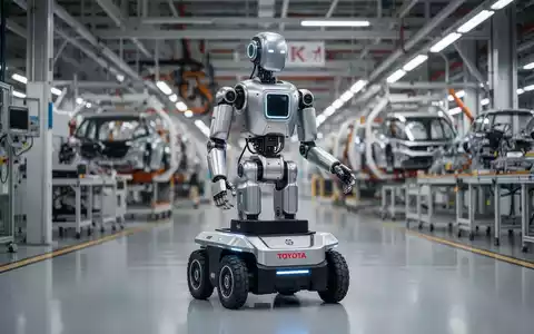 Ein humanoider Roboter mit Rollenbasis arbeitet in einer modernen Fabrikhalle an einer Fertigungsstation. - Foto: über boerse-global.de