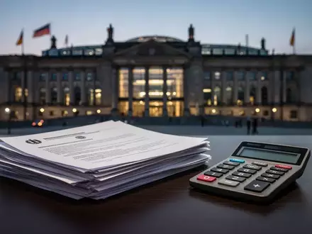 Offizielle Regierungsdokumente und ein Taschenrechner auf einem Schreibtisch vor dem unscharfen Reichstagsgebäude. - Foto: über boerse-global.de