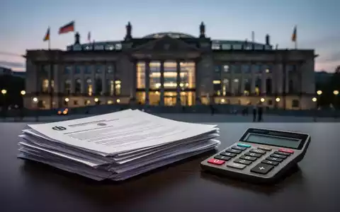 Offizielle Regierungsdokumente und ein Taschenrechner auf einem Schreibtisch vor dem unscharfen Reichstagsgebäude. - Foto: über boerse-global.de