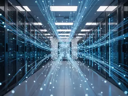 Moderne Serverräume in einem Rechenzentrum mit leuchtenden Glasfaserkabeln und technischer Infrastruktur. - Foto: über boerse-global.de