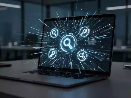 Ein Laptop-Bildschirm mit abstrakten Datenströmen und Suchmaschinensymbolen in einer modernen Büroumgebung. - Foto: über boerse-global.de