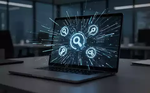 Ein Laptop-Bildschirm mit abstrakten Datenströmen und Suchmaschinensymbolen in einer modernen Büroumgebung. - Foto: über boerse-global.de