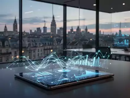 Ein Tablet mit digitalen Zahlungsdaten-Diagrammen in einem modernen Büro mit Blick auf die Stadtsilhouette. - Foto: über boerse-global.de