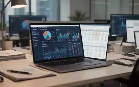 Moderner Büroarbeitsplatz mit Laptop, der Finanzdatenvisualisierungen und komplexe Tabellenkalkulationen zeigt. - Foto: über boerse-global.de
