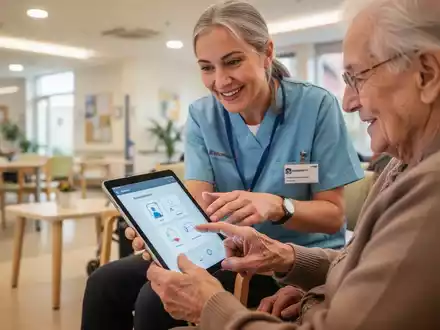 Ein Digital-Lotse erklĂ€rt einer Ă€lteren Person in einem modernen Beratungsraum die Bedienung eines Tablets. - Foto: ĂŒber boerse-global.de