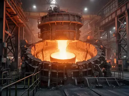 Ein moderner Elektrolichtbogenofen in einer Stahlhütte mit glühendem flüssigem Stahl in einer industriellen Umgebung. - Foto: über boerse-global.de