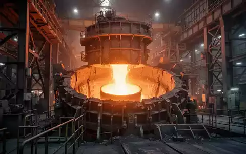 Ein moderner Elektrolichtbogenofen in einer Stahlhütte mit glühendem flüssigem Stahl in einer industriellen Umgebung. - Foto: über boerse-global.de