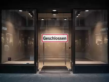 Ein geschlossenes Ladenlokal mit einem Hinweisschild in der Fensterscheibe vor einem leeren Verkaufsraum. - Foto: über boerse-global.de