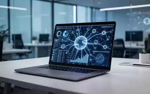 Moderner Büroarbeitsplatz mit Laptop, der digitale Datenvisualisierungen und abstrakte KI-Netzwerkstrukturen anzeigt. - Foto: über boerse-global.de