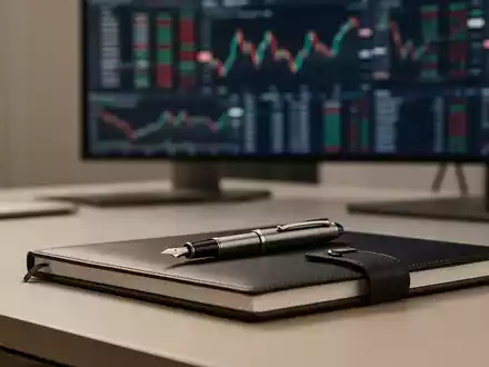 Digitale Aktiencharts auf einem Monitor im Hintergrund hinter einem professionellen Schreibtisch mit Notizbuch und Stift. - Foto: ĂŒber boerse-global.de