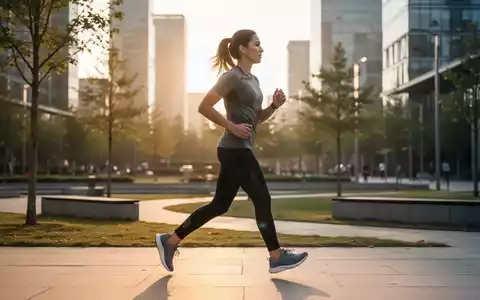 Eine Person in Sportkleidung beim zügigen Gehen in einem Park bei Sonnenuntergang. - Foto: über boerse-global.de