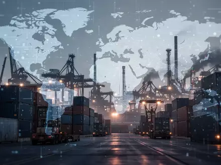 Moderne Logistikzentrale mit Schiffscontainern und stählernen Industriestrukturen als Symbol für EU-Handelsregularien. - Foto: über boerse-global.de