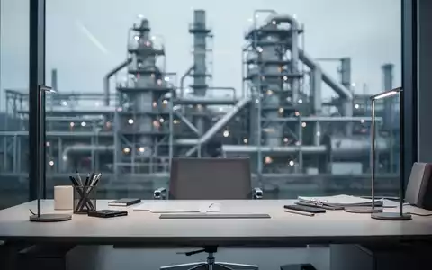 Ein minimalistischer Büroarbeitsplatz vor dem unscharfen Hintergrund eines Stahlwerks als Symbol für industrielle Transformation. - Foto: über boerse-global.de