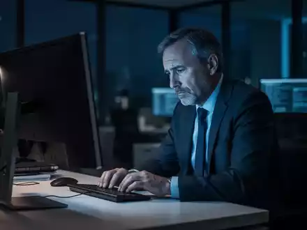 Erschöpfter Arbeitnehmer vor einem beleuchteten Computerbildschirm in einem abgedunkelten Büro. - Foto: über boerse-global.de