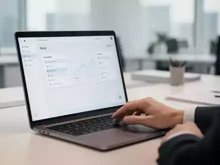 Ein moderner, heller Büroarbeitsplatz mit einem Laptop, der eine Software-Oberfläche anzeigt, in einer professionellen Umgebung. - Foto: über boerse-global.de