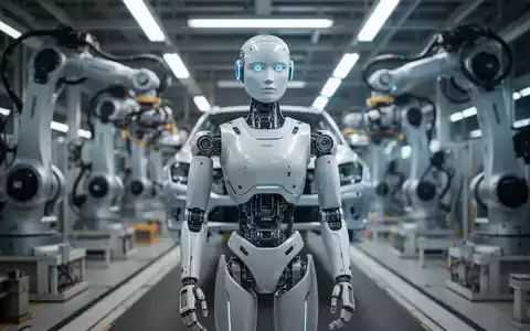 Ein humanoider Roboter an einer Hightech-Automobilmontagelinie, Symbol für die Zukunft der Roboterfertigung. - Foto: über boerse-global.de