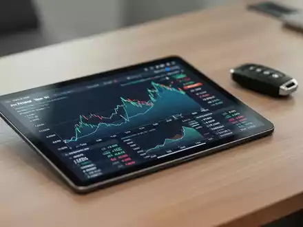 Digitaler Finanzrechner auf einem Tablet zur Berechnung von Kfz-Finanzierungskosten auf einem Schreibtisch. - Foto: über boerse-global.de
