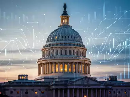 Die Kuppel des US-Kapitols bei Dämmerung mit einer digitalen Datenvisualisierung, die KI-Technologie symbolisiert. - Foto: über boerse-global.de