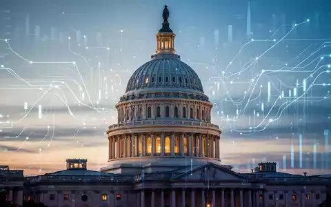 Die Kuppel des US-Kapitols bei Dämmerung mit einer digitalen Datenvisualisierung, die KI-Technologie symbolisiert. - Foto: über boerse-global.de