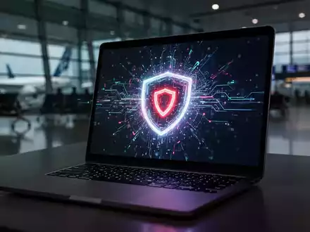 Laptop mit digitaler Sicherheitswarnung in einem verschwommenen Flughafen-Terminal als Symbol für Cyber-Bedrohungen. - Foto: über boerse-global.de