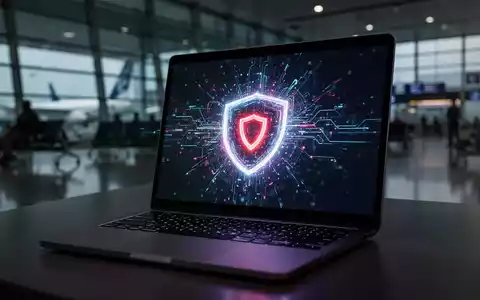 Laptop mit digitaler Sicherheitswarnung in einem verschwommenen Flughafen-Terminal als Symbol für Cyber-Bedrohungen. - Foto: über boerse-global.de