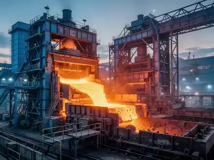 Modernes Stahlwerk bei Dämmerung mit glühendem Stahl und industrieller Architektur. - Foto: über boerse-global.de