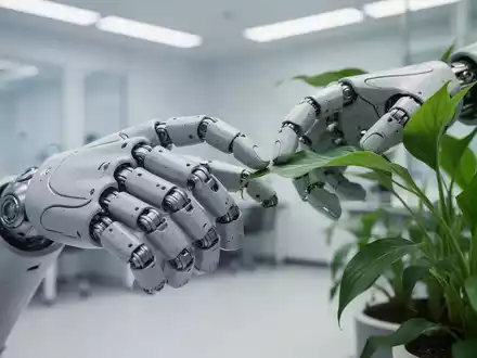 Eine bio-inspirierte Roboterhand aus nachhaltigen Materialien berührt ein grünes Pflanzenblatt in einem modernen Labor. - Foto: über boerse-global.de