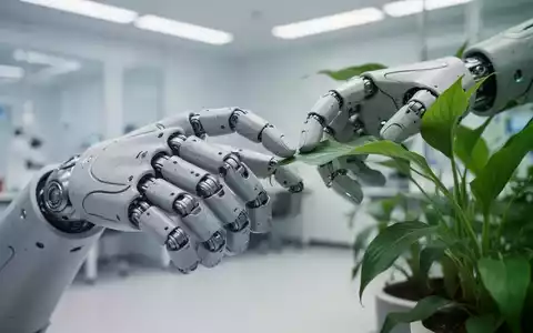 Eine bio-inspirierte Roboterhand aus nachhaltigen Materialien berührt ein grünes Pflanzenblatt in einem modernen Labor. - Foto: über boerse-global.de
