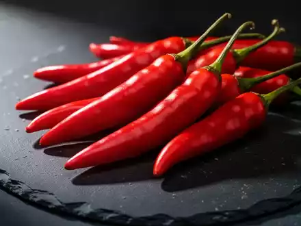 Frische rote Chilischoten auf einem dunklen Steinhintergrund in einer professionellen, kontrastreichen Nahaufnahme. - Foto: über boerse-global.de