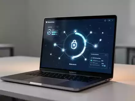 Ein moderner Laptop auf einem Schreibtisch mit einer übersichtlichen, hochtechnologischen Datensicherungs-Softwareoberfläche. - Foto: über boerse-global.de