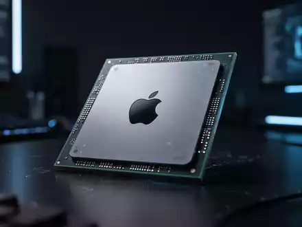 Apple-Silicon-Prozessorchip mit weichem blauen Leuchten, Symbol für den Wechsel zur ARM-Architektur. - Foto: über boerse-global.de