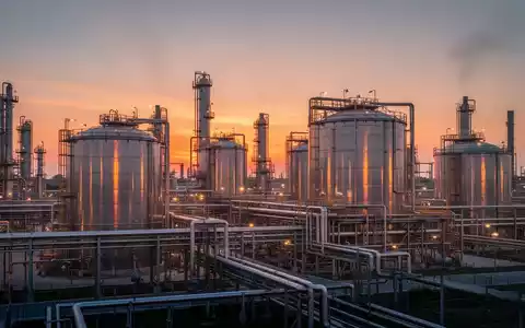 Moderne Industrie-Raffinerie mit komplexen Rohrleitungssystemen und Lagertanks im Licht der Abenddämmerung. - Foto: über boerse-global.de