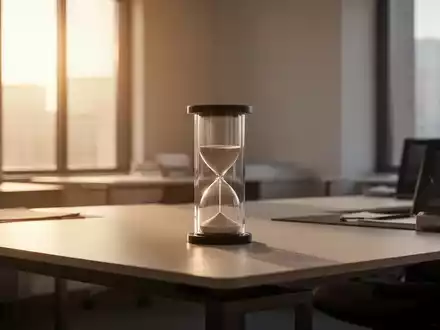 Ein minimalistischer Büroarbeitsplatz mit weichem Morgenlicht und einer Sanduhr als Symbol für den biologischen Rhythmus. - Foto: über boerse-global.de