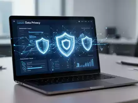 Ein digitales Sicherheits-Dashboard auf einem Laptop-Bildschirm, das den kalifornischen Datenschutzdienst fĂŒr Datenmakler darstellt. - Foto: ĂŒber boerse-global.de