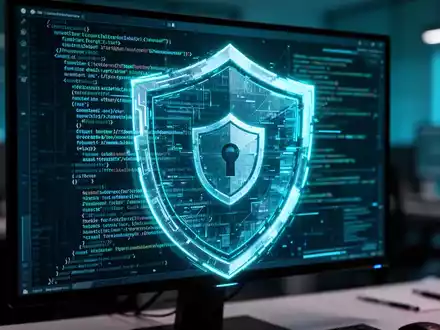 Ein leuchtender digitaler Sicherheitsschild über Zeilen von Computercode, der KI-gesteuertes Patchen von Software-Schwachstellen darstellt. - Foto: über boerse-global.de