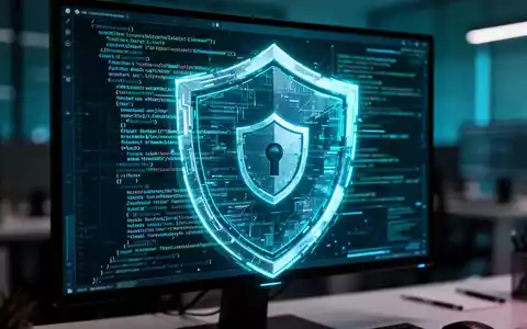 Ein leuchtender digitaler Sicherheitsschild über Zeilen von Computercode, der KI-gesteuertes Patchen von Software-Schwachstellen darstellt. - Foto: über boerse-global.de
