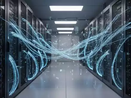 Modernes Rechenzentrum mit leuchtenden Glasfaserkabeln und Datenströmen als Symbol für KI-Regulierung in kritischen Infrastrukturen. - Foto: über boerse-global.de