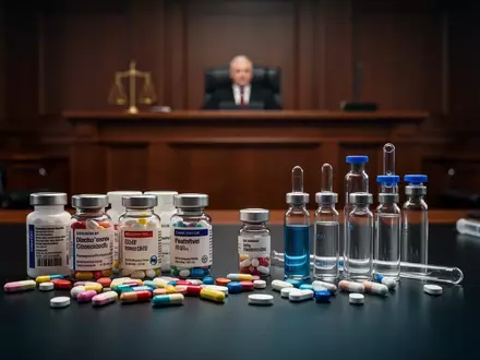 Laborfläschchen und Pillendosen auf einem dunklen Schreibtisch vor einem verschwommenen Gerichtshintergrund. - Foto: über boerse-global.de