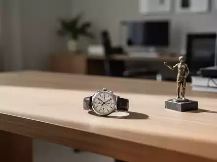 Ein minimalistischer Schreibtisch mit einer Armbanduhr und einer Skulptur als Symbol für den Verkauf privater Wertgegenstände. - Foto: über boerse-global.de
