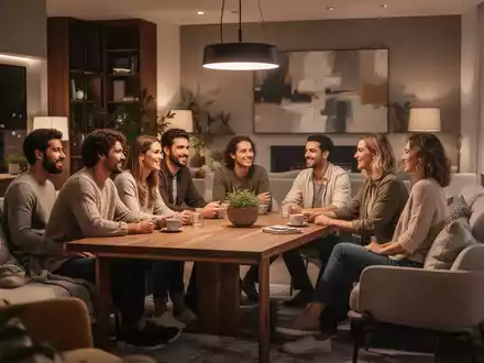 Eine Gruppe von Freunden, die sich in einer gemütlichen Wohnung unterhalten, um kostengünstige soziale Alternativen darzustellen. - Foto: über boerse-global.de