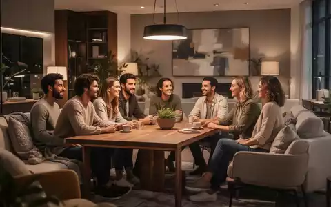 Eine Gruppe von Freunden, die sich in einer gemütlichen Wohnung unterhalten, um kostengünstige soziale Alternativen darzustellen. - Foto: über boerse-global.de