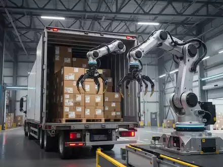 Ein moderner Industrieroboterarm stapelt Versandpakete in einem großen Logistik-Anhänger in einem modernen Lagerhaus. - Foto: über boerse-global.de