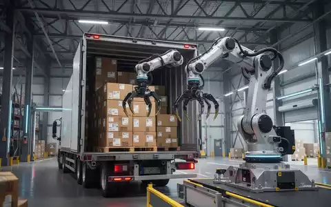 Ein moderner Industrieroboterarm stapelt Versandpakete in einem großen Logistik-Anhänger in einem modernen Lagerhaus. - Foto: über boerse-global.de