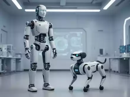 Ein humanoider Roboter und ein kleiner vierbeiniger Roboterhund in einem modernen Hightech-Labor. - Foto: über boerse-global.de