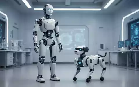 Ein humanoider Roboter und ein kleiner vierbeiniger Roboterhund in einem modernen Hightech-Labor. - Foto: über boerse-global.de