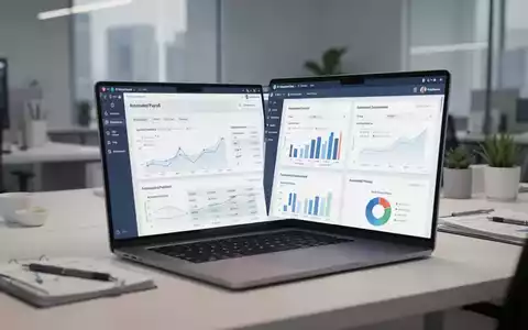 Ein Laptop zeigt digitale Finanzdaten und Lohnabrechnungssoftware in einem modernen Büroumfeld. - Foto: über boerse-global.de
