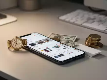 Ein Smartphone mit einer Verkaufsplattform neben einer Armbanduhr und Münzen auf einem Schreibtisch. - Foto: über boerse-global.de