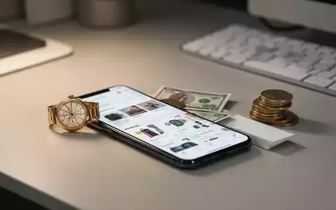 Ein Smartphone mit einer Verkaufsplattform neben einer Armbanduhr und Münzen auf einem Schreibtisch. - Foto: über boerse-global.de